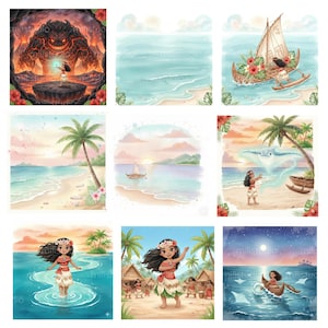 Pu&ograve; includere: Illustrazioni ad acquerello raffiguranti scene di un'isola tropicale. Le immagini includono un vulcano, viste sull'oceano, una barca a vela, una spiaggia con palme e una ragazza in abiti tradizionali. L'opera d'arte ha uno stile morbido e colorato.