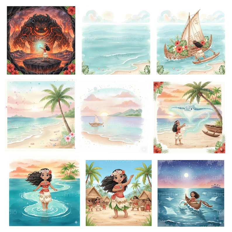 Pu&ograve; includere: Illustrazioni ad acquerello raffiguranti scene di un'isola tropicale. Le immagini includono un vulcano, viste sull'oceano, una barca a vela, una spiaggia con palme e una ragazza in abiti tradizionali. L'opera d'arte ha uno stile morbido e colorato.