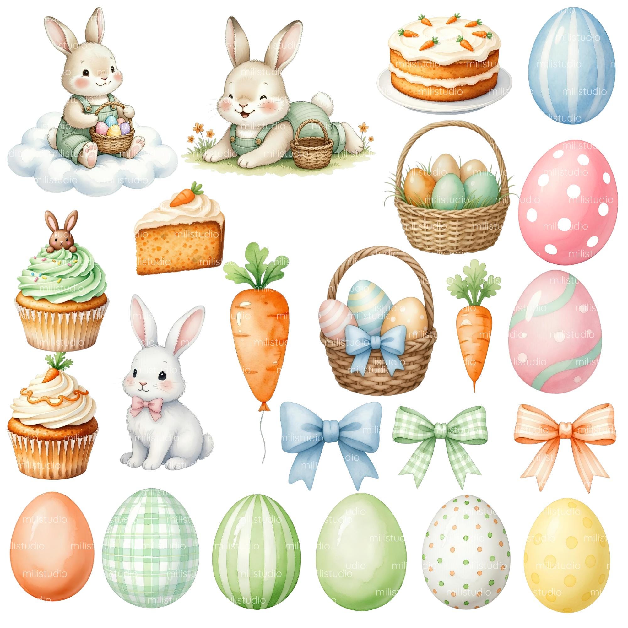 Easter Bunny Watercolor Clipart • Cute Digital Kit • 300 DPI PNG, Cute ...