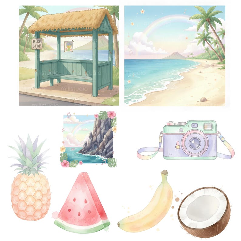 May include: Watercolor illustration featuring a tropical theme. Includes a bus stop, beach scene with a rainbow, a camera, pineapple, watermelon slice, banana, and a coconut. The bus stop has a thatched roof and the text "BUS STOP".
