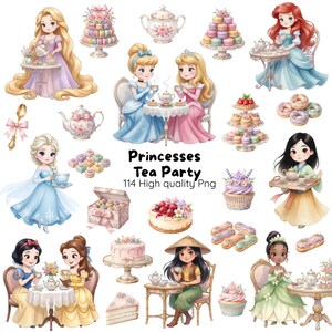 Imágenes prediseñadas PNG de fiesta de té de princesa • 114 elementos de acuarela • Fiesta de cumpleaños real • Decoración de cuento de hadas, paquete de imágenes prediseñadas de hora del té de princesa