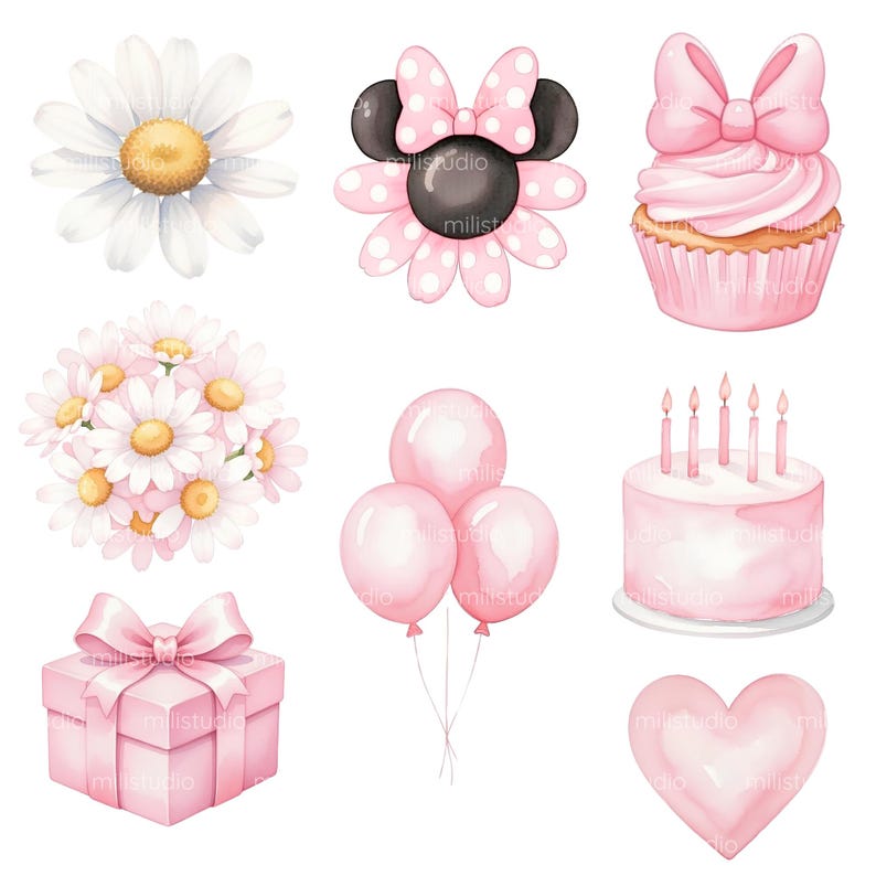 K&ouml;nnte beinhalten: Aquarellillustrationen von Party- und Blumenelementen. Enth&auml;lt eine G&auml;nsebl&uuml;mchen, eine von Minnie Mouse inspirierte Blume, einen Cupcake, einen G&auml;nsebl&uuml;mchenstrau&szlig;, rosa Luftballons, eine Torte mit Kerzen, eine Geschenkbox und ein Herz.