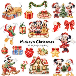 May include: A collection of Christmas-themed illustrations featuring Mickey Mouse, Minnie Mouse, Pluto, Donald Duck, and Goofy, along with presents, a decorated house, ornaments, a lantern, and the text Mickey's Christmas 84 High quality Png.