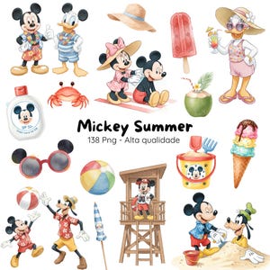 Pode incluir: Uma coleção de ilustrações em aquarela com Mickey Mouse, Minnie Mouse, Pato Donald e Pateta desfrutando de atividades de verão. Inclui acessórios de praia, sorvete e o texto "Mickey Summer".