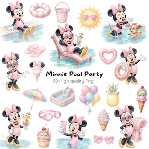 Minnie Pool Party Clipart • Watercolor PNG Files • Summer Birthday Decor • Instant Download Minnie Pool Birthday Clipart