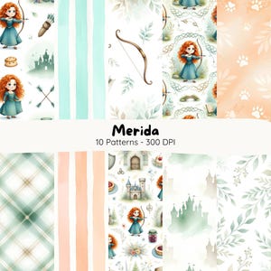 メリダにインスパイアされたデジタルペーパーパック | 勇敢なプリンセスのパターン | ケルトの森の背景 | 素朴なチェック柄の印刷可能なスクラップブック