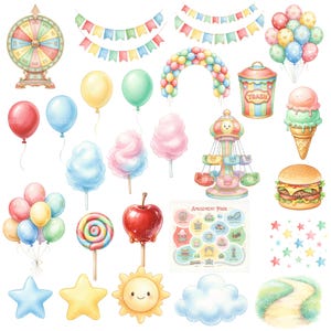 Puede incluir: Ilustraci&oacute;n en acuarela de elementos de parque de atracciones. Incluye una noria, globos, algod&oacute;n de az&uacute;car, un tiovivo, una hamburguesa, helado, una piruleta y un mapa con el texto "Amusement Park".