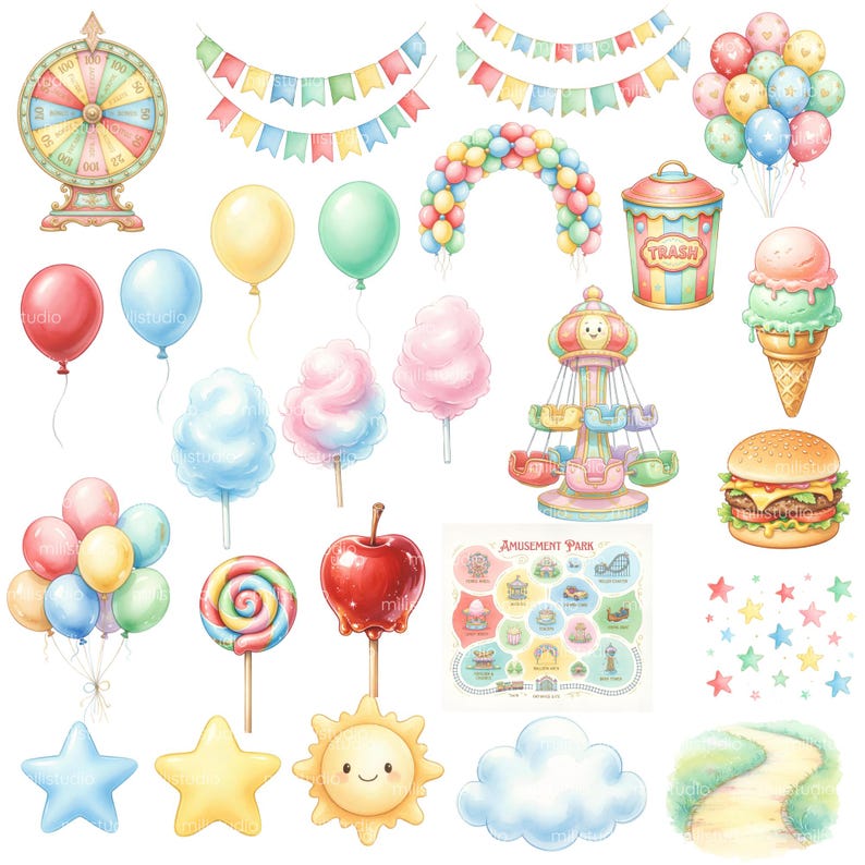 Puede incluir: Ilustraci&oacute;n en acuarela de elementos de parque de atracciones. Incluye una noria, globos, algod&oacute;n de az&uacute;car, un tiovivo, una hamburguesa, helado, una piruleta y un mapa con el texto "Amusement Park".