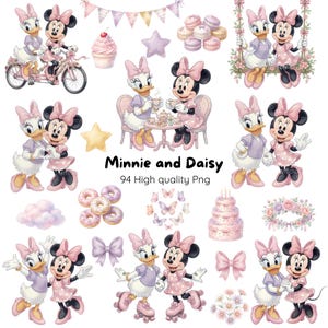 Pode incluir: Uma coleção de ilustrações digitais apresentando a Minnie Mouse e a Margarida em várias atividades, incluindo andar de bicicleta, balançar, tomar chá e andar de patins, acompanhadas por cupcakes, donuts e detalhes florais.