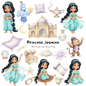 Pode incluir: Uma coleção de ilustrações em aquarela com a Princesa Jasmine. As imagens incluem Jasmine, um gênio, um palácio, um tapete mágico, um baú do tesouro, um macaco e outros elementos relacionados. O texto "Princess Jasmine" e "86 High quality Png" também estão incluídos.