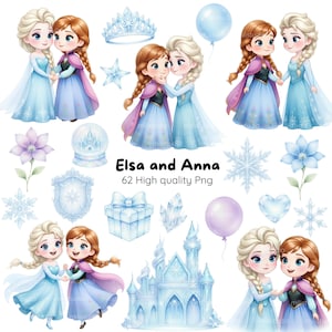 Puede incluir: Ilustraciones en acuarela de Elsa y Anna de Frozen. La imagen incluye múltiples representaciones de los personajes, un castillo, copos de nieve y otros elementos temáticos. El texto dice "Elsa and Anna 62 High quality Png."