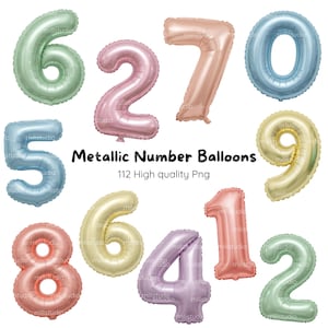 Puede incluir: Un conjunto de globos metálicos con números en varios colores pastel, incluyendo verde, rosa, melocotón y azul. Se muestran los números del 0 al 9, con el texto "Metallic Number Balloons" y "112 High quality Png".
