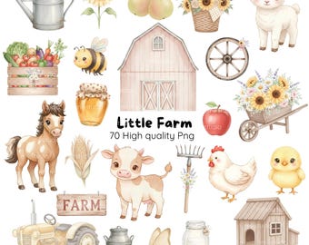 Peut inclure: Illustrations à l'aquarelle d'animaux et d'objets de la ferme, dont une grange, une vache, un agneau, une poule, un tracteur et des légumes. Le texte "Little Farm" est affiché avec les mots "70 High quality Png".