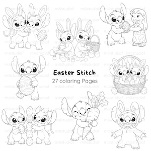 Puede incluir: Ilustraciones en blanco y negro de Stitch de Lilo & Stitch en varias poses temáticas de Pascua. Stitch se muestra con huevos de Pascua, zanahorias y con un disfraz de conejito. También está presente el texto "Easter Stitch 27 coloring Pages".