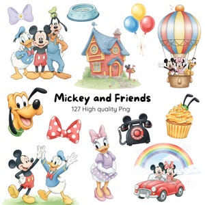 Puede incluir: Colección de ilustraciones en acuarela con Mickey Mouse, Minnie Mouse, Donald Duck, Goofy y Pluto. Incluye una casa, globos, un globo aerostático, una magdalena, un arcoíris, un coche y un teléfono. El texto dice "Mickey and Friends 127 High quality Png."
