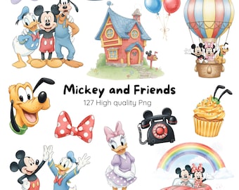 Niedliches Mickey-und-Freunde-Set • Zarte Aquarellfarben • Disney-Figuren, Baby Mickey und Freunde • Digitales Aquarell-Set • Kinder-Clipart
