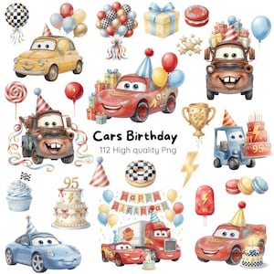 Könnte beinhalten: Eine Sammlung von Aquarell-Illustrationen mit anthropomorphen Rennwagen, Abschleppwagen und geburtstagsbezogenen Elementen wie Luftballons, Geschenken, Kuchen, Cupcakes, Donuts, Trophäen und Partyhüten mit dem Text Cars Birthday 112 High quality Png.