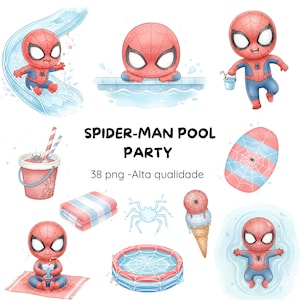 Clipart de Spider-Man en acuarela para fiesta en la piscina, kit digital de Spider-Man para fiesta en la piscina, clipart de Spider-Man para fiesta en la piscina, kit de acuarela de verano de Spider-Man