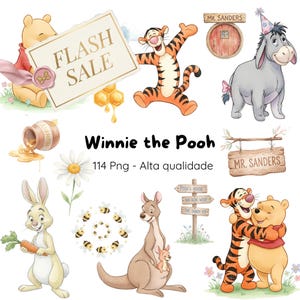Può includere: Una collezione di illustrazioni ad acquerello con i personaggi di Winnie the Pooh. Include Pooh, Tigro, Eeyore, Rabbit, Kanga, Roo e altri elementi come miele, api e cartelli. Il testo "FLASH SALE" è visibile.
