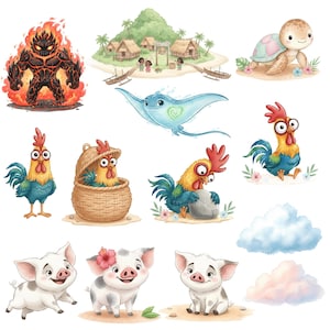 Pu&ograve; includere: Illustrazioni ad acquerello di personaggi e scene ambientate in un'isola tropicale. Include una figura infuocata, una scena di villaggio, una tartaruga marina, una manta, diversi galli e tre maiali. Lo stile &egrave; stravagante e colorato.