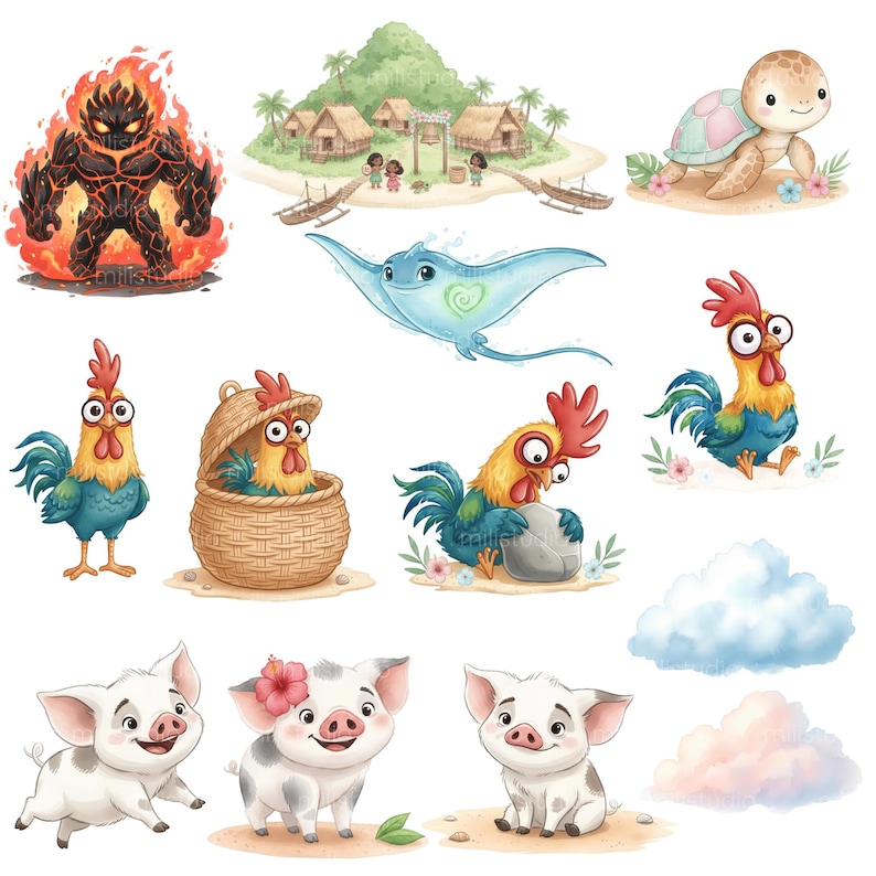 Pu&ograve; includere: Illustrazioni ad acquerello di personaggi e scene ambientate in un'isola tropicale. Include una figura infuocata, una scena di villaggio, una tartaruga marina, una manta, diversi galli e tre maiali. Lo stile &egrave; stravagante e colorato.