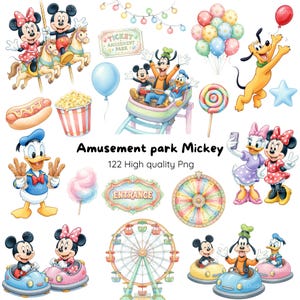 Puede incluir: Colecci&oacute;n de ilustraciones coloridas con tem&aacute;tica de parque de atracciones con Mickey Mouse, Minnie Mouse, Donald Duck, Goofy y Pluto. Incluye una noria, una monta&ntilde;a rusa, un tiovivo y varias golosinas. Texto: "Amusement park Mickey" y "122 High quality Png".