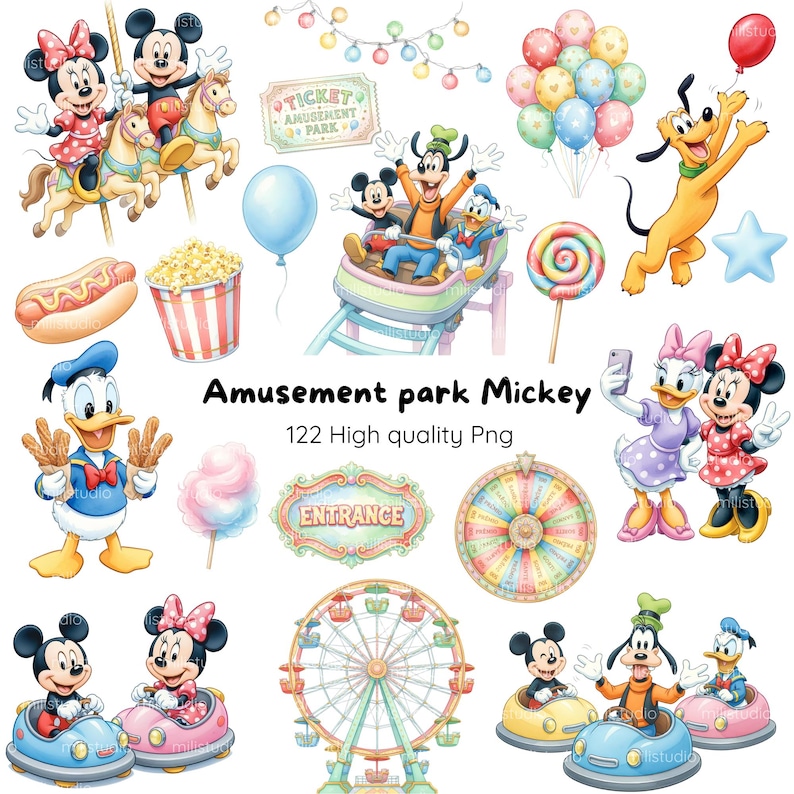 Puede incluir: Colecci&oacute;n de ilustraciones coloridas con tem&aacute;tica de parque de atracciones con Mickey Mouse, Minnie Mouse, Donald Duck, Goofy y Pluto. Incluye una noria, una monta&ntilde;a rusa, un tiovivo y varias golosinas. Texto: "Amusement park Mickey" y "122 High quality Png".