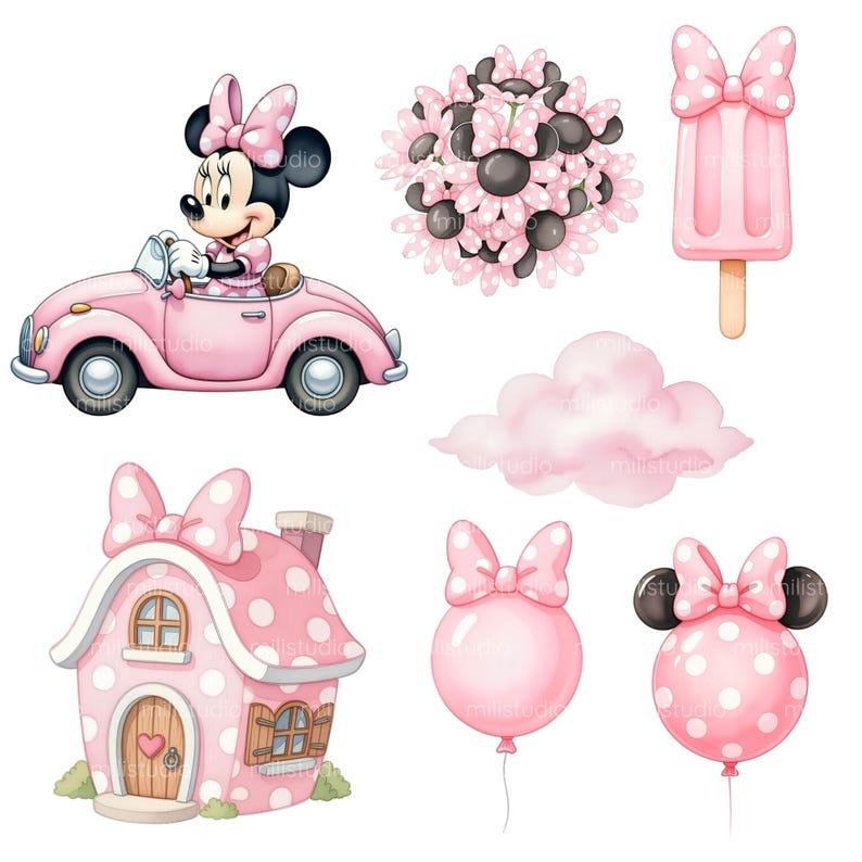 K&ouml;nnte beinhalten: Eine Sammlung rosa Aquarellillustrationen. Sie zeigt Minnie Mouse in einem rosa Auto, ein rosa Haus mit Schleife, ein rosa Eis am Stiel, eine rosa Wolke, einen Blumenstrau&szlig; und rosa Ballons mit Schleifen. Die Illustrationen haben wei&szlig;e Punkte.