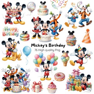 Puede incluir: Una colección de ilustraciones de dibujos animados coloridos con Mickey Mouse, Minnie Mouse, Donald Duck, Goofy y Pluto. Las imágenes incluyen pasteles de cumpleaños, cupcakes, globos, regalos y el texto "Mickey's Birthday".