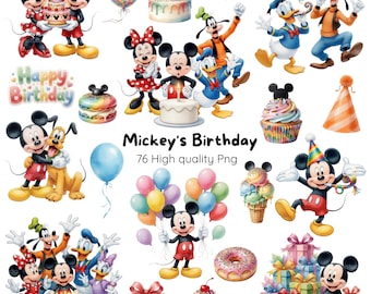 Op de afbeelding: Een verzameling kleurrijke cartoon illustraties met Mickey Mouse, Minnie Mouse, Donald Duck, Goofy en Pluto. De afbeeldingen bevatten verjaardagstaarten, cupcakes, ballonnen, cadeaus en de tekst "Mickey's Birthday".