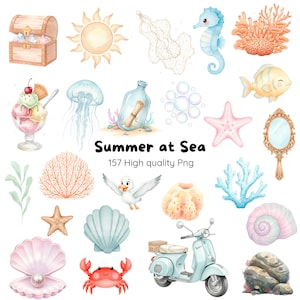 Pode incluir: Ilustrações em aquarela de objetos com tema de verão, incluindo um baú do tesouro, sol, cavalo-marinho, coral, peixe, água-viva, mensagem em uma garrafa, bolhas, estrela do mar, espelho, gaivota, concha, caranguejo e uma scooter. O texto diz "Summer at Sea".