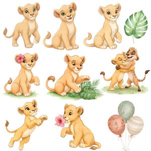 May include: Watercolor illustrations of lion cubs in various poses, including sitting, playing, and holding flowers. The cubs are depicted in shades of tan and brown, with green foliage and decorative balloons. The overall theme is a children's illustration.