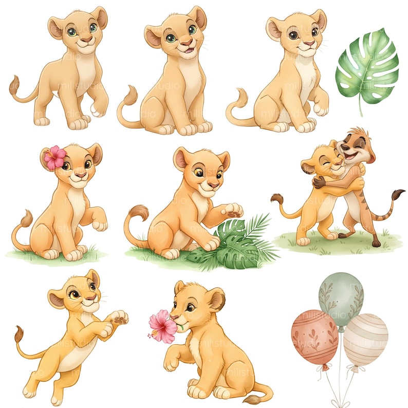 May include: Watercolor illustrations of lion cubs in various poses, including sitting, playing, and holding flowers. The cubs are depicted in shades of tan and brown, with green foliage and decorative balloons. The overall theme is a children's illustration.