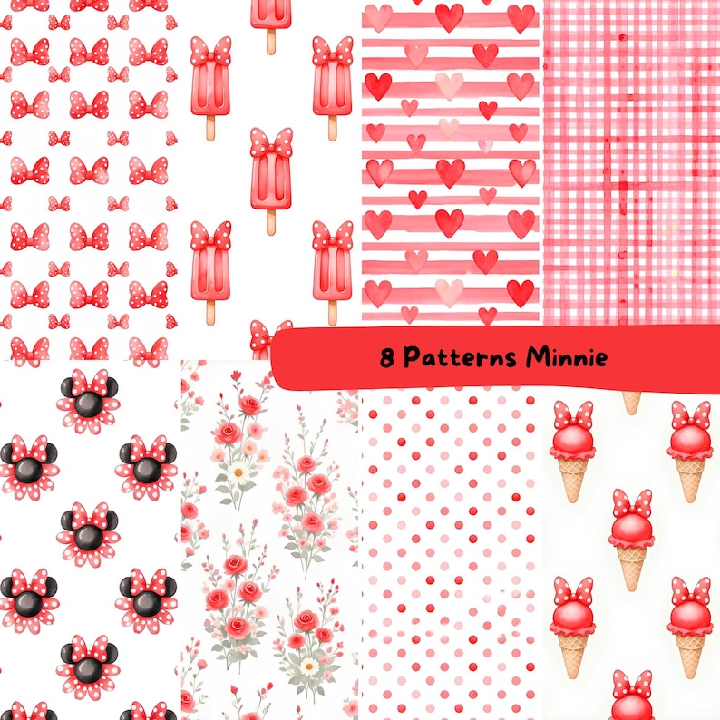 K&ouml;nnte beinhalten: Acht Muster in Rot und Wei&szlig;, darunter Punkte, Schleifen, Blumendesigns, Herzen und Eiswaffeln mit Schleifen. Der Text "8 Patterns Minnie" ist auf einem roten Banner zu sehen.
