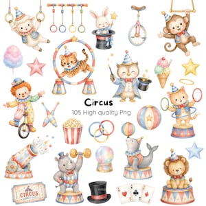 Puede incluir: Una colección de ilustraciones de circo con un cordero, conejo, mono, tigre, búho, gato, foca y león disfrazados, junto a un monociclo, palomitas, cañón, cartas, sombrero de copa y el texto Circus 105 High quality Png.
