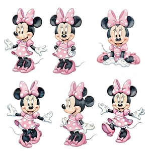 K&ouml;nnte beinhalten: Sechs Illustrationen von Minnie Mouse in verschiedenen Posen. Minnie Mouse wird mit schwarzen Ohren, einer rosa Schleife mit Punkten und einem rosa Kleid mit Punkten dargestellt. Ihre Schuhe und Handschuhe sind ebenfalls rosa und wei&szlig;.
