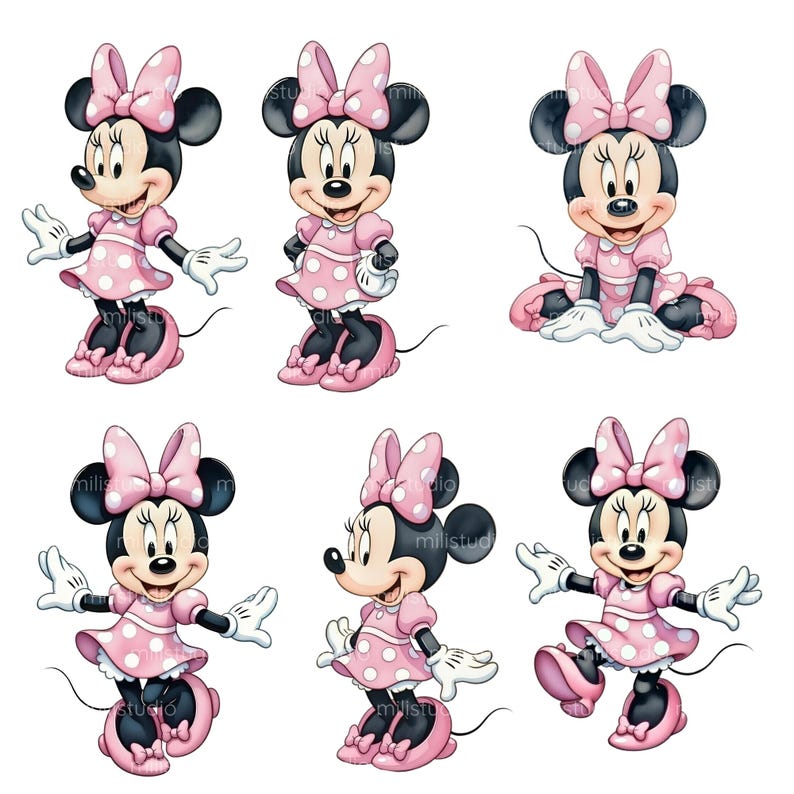 K&ouml;nnte beinhalten: Sechs Illustrationen von Minnie Mouse in verschiedenen Posen. Minnie Mouse wird mit schwarzen Ohren, einer rosa Schleife mit Punkten und einem rosa Kleid mit Punkten dargestellt. Ihre Schuhe und Handschuhe sind ebenfalls rosa und wei&szlig;.