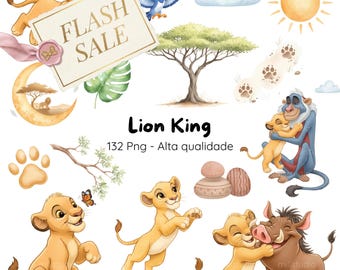 Rei Leão Aquarela Infantil, Kit Digital, Simba e Amigos,Tema Safari, Rei Leão Baby • Kit Digital em Aquarela • Clipart Infantil