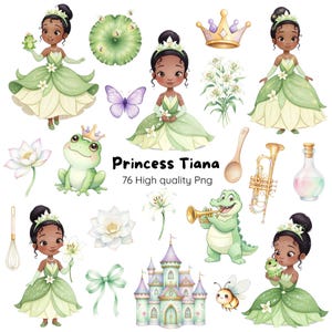Cute Princess and Frog Clipart • High Resolution PNG Bundle, Princess Tiana Watercolor Collection • Instant Download