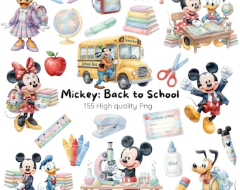 Mickey Back to School Clipart • Watercolor PNG Files • School Bundle • Instant Download, School Watercolor Clipart