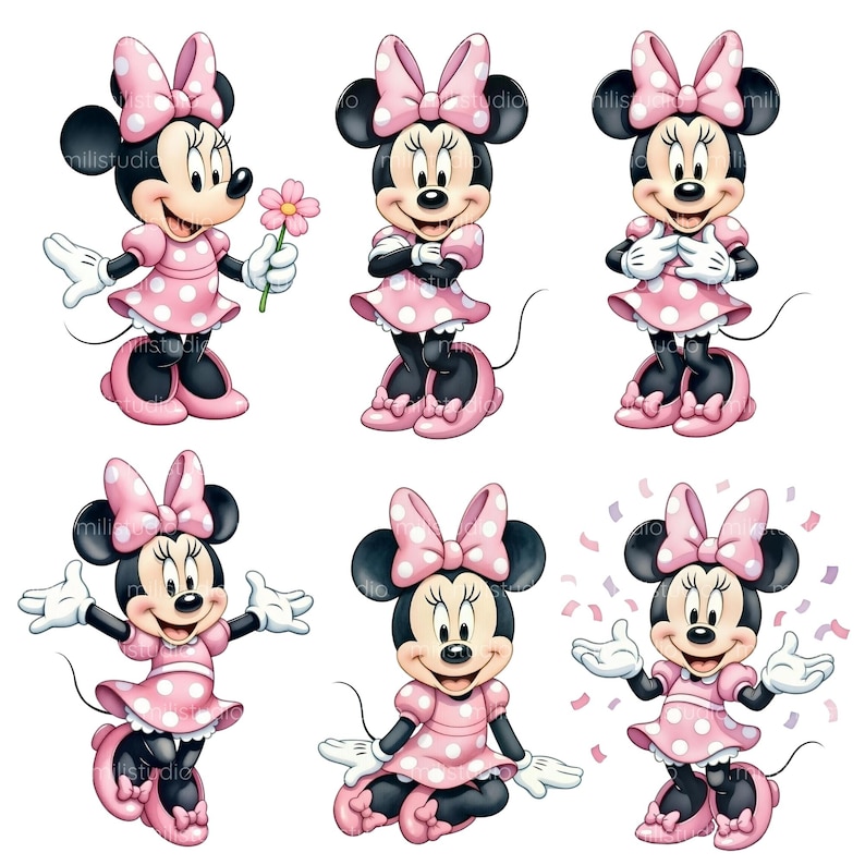 K&ouml;nnte beinhalten: Sechs Illustrationen von Minnie Mouse in verschiedenen Posen. Minnie Mouse wird mit schwarzen Ohren, einer rosa Schleife und einem rosa gepunkteten Kleid dargestellt. Einige Bilder zeigen sie mit einer Blume oder Konfetti.