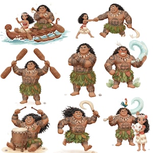 Pu&ograve; includere: Una collezione di illustrazioni con personaggi di un film d'animazione a tema polinesiano. Le immagini mostrano un uomo grande e muscoloso con tatuaggi e una gonna di foglie, insieme a una giovane donna con una fascia floreale. Varie scene li mostrano con una barca, un gancio e altri oggetti di scena.