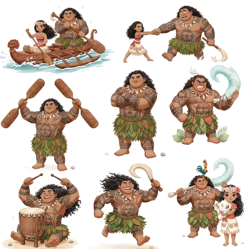 Pu&ograve; includere: Una collezione di illustrazioni con personaggi di un film d'animazione a tema polinesiano. Le immagini mostrano un uomo grande e muscoloso con tatuaggi e una gonna di foglie, insieme a una giovane donna con una fascia floreale. Varie scene li mostrano con una barca, un gancio e altri oggetti di scena.
