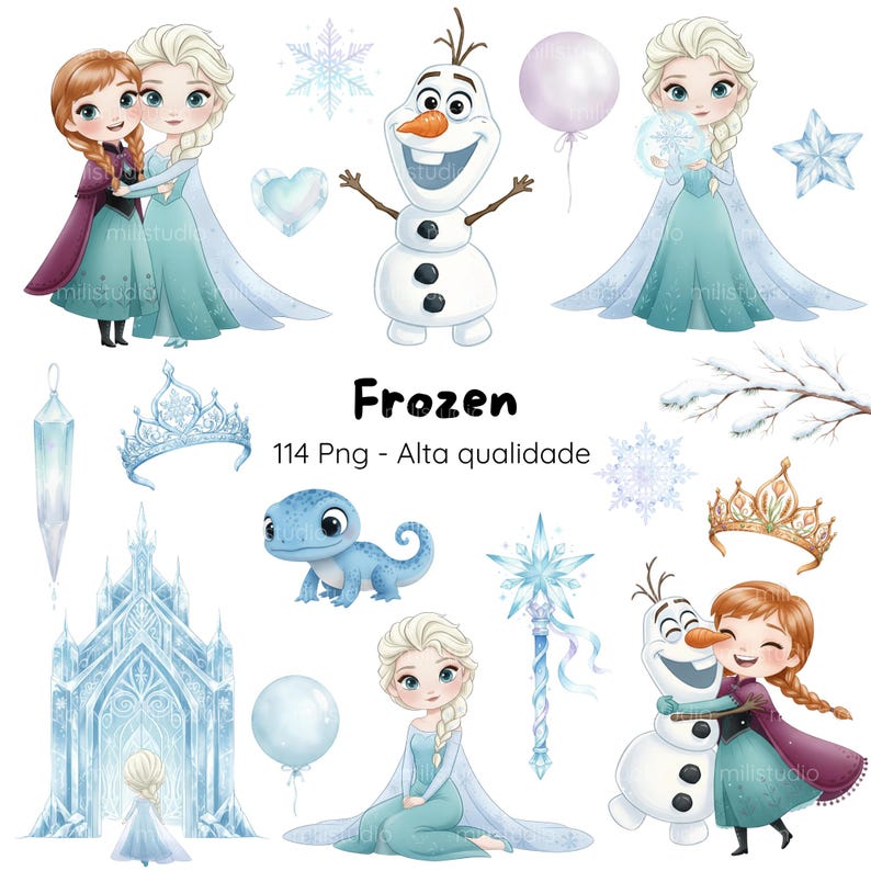 Frozen Watercolor Children's Kit, Digital Kit, Elsa, Anna and Olaf, Children's Party, Cute Frozen Kit, Delicate Watercolor, Characters and Scenery image 1