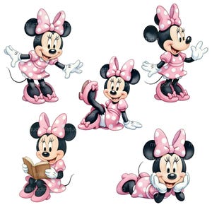 K&ouml;nnte beinhalten: Eine Sammlung von f&uuml;nf Illustrationen von Minnie Mouse in verschiedenen Posen. Minnie Mouse wird mit schwarzen Ohren, einer rosa Schleife mit wei&szlig;en Punkten und einem rosa Kleid mit wei&szlig;en Punkten dargestellt. Sie tr&auml;gt rosa Schuhe und wei&szlig;e Handschuhe.