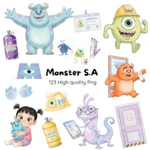 モンスターズ・インク 水彩デジタルキット | マイク、サリー、ブー、モンスターズ・インク 水彩かわいい、モンスターズ・インク 赤ちゃんのクリップアート、モンスターズ・インク 水彩かわいい