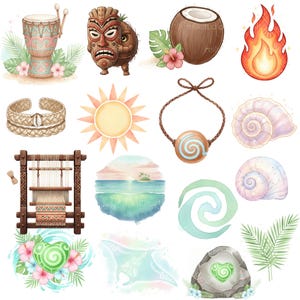 Pu&ograve; includere: Illustrazioni ad acquerello di oggetti a tema polinesiano. Include un tamburo, una maschera tiki, una noce di cocco, fuoco, un braccialetto intrecciato, un sole, una collana, conchiglie, un telaio, una scena dell'isola, un simbolo a spirale, una pietra a forma di cuore e una manta.