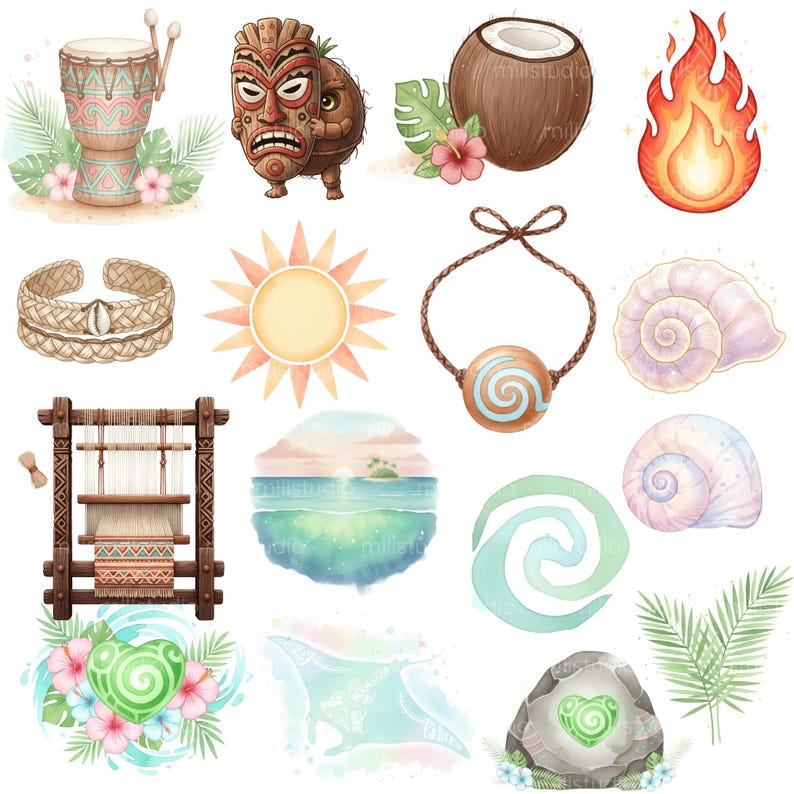 Pu&ograve; includere: Illustrazioni ad acquerello di oggetti a tema polinesiano. Include un tamburo, una maschera tiki, una noce di cocco, fuoco, un braccialetto intrecciato, un sole, una collana, conchiglie, un telaio, una scena dell'isola, un simbolo a spirale, una pietra a forma di cuore e una manta.