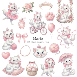 Puede incluir: Una colección de ilustraciones digitales de un gatito blanco con lazos rosas, que incluye escenas del gatito en bicicleta, con lana, en un columpio y con un paraguas, junto a rosas rosas, una tiara, un frasco de perfume y un collar de perlas.
