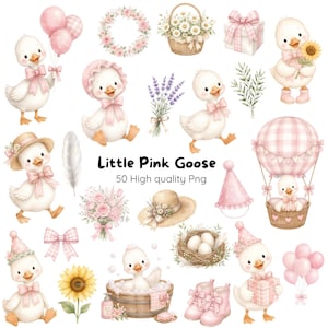 Puede incluir: Una colección digital de ilustraciones con gansos blancos con detalles en rosa, incluyendo gansos con globos, sombreros, regalos y un globo aerostático, junto a coronas florales, lavanda, un girasol y un nido con huevos, etiquetada como Little Pink Goose.